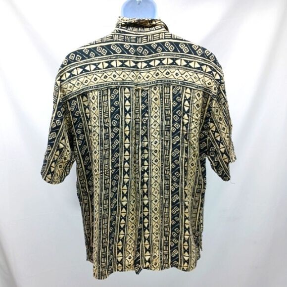 Vintage 90s TRIBES FROM LAND OF THE BRAVE Black Tan Geometric Men's L Shirt..... - Picture 6 of 9